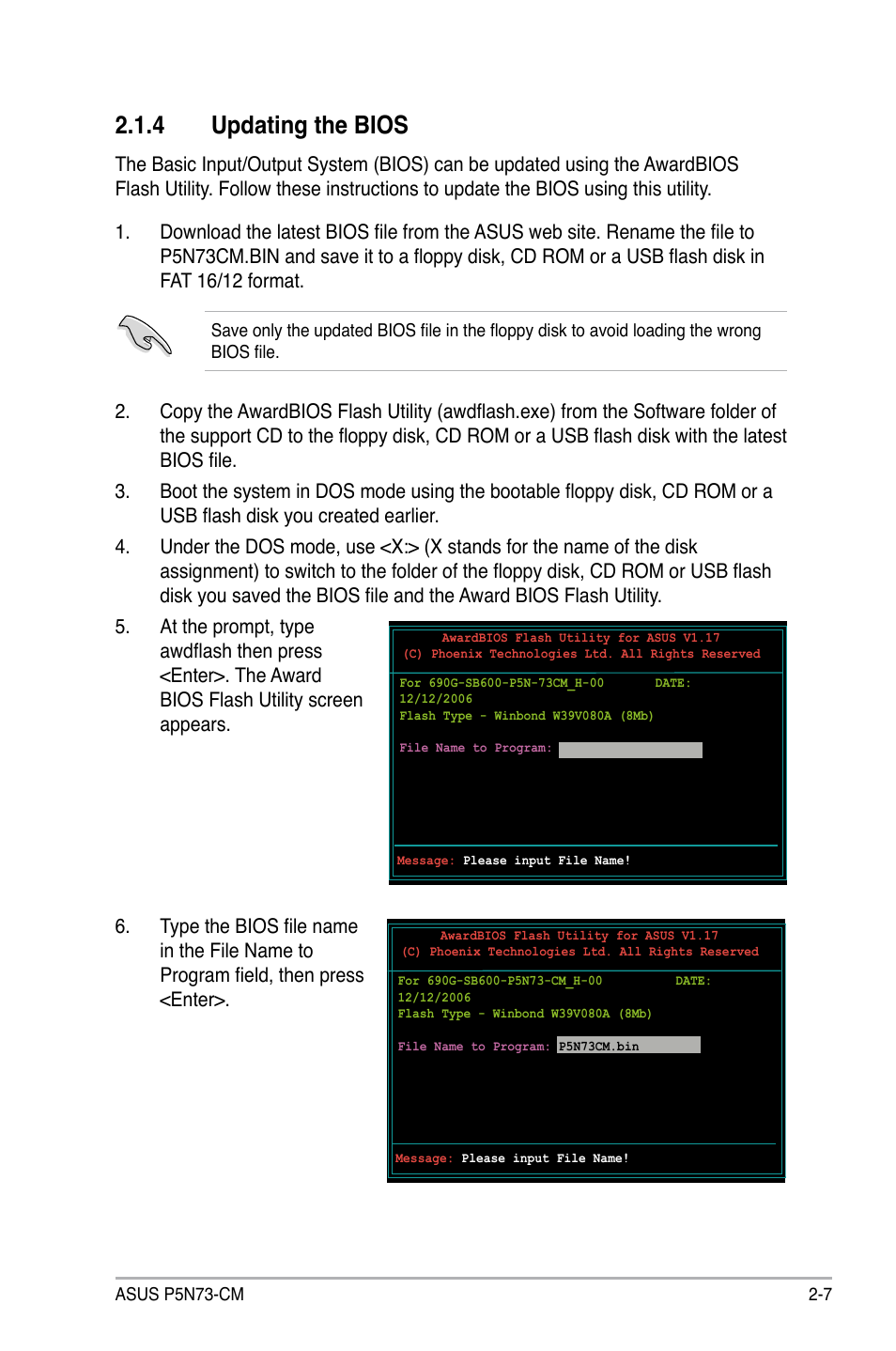 4 updating the bios | Asus P5N73-CM User Manual | Page 57 / 108