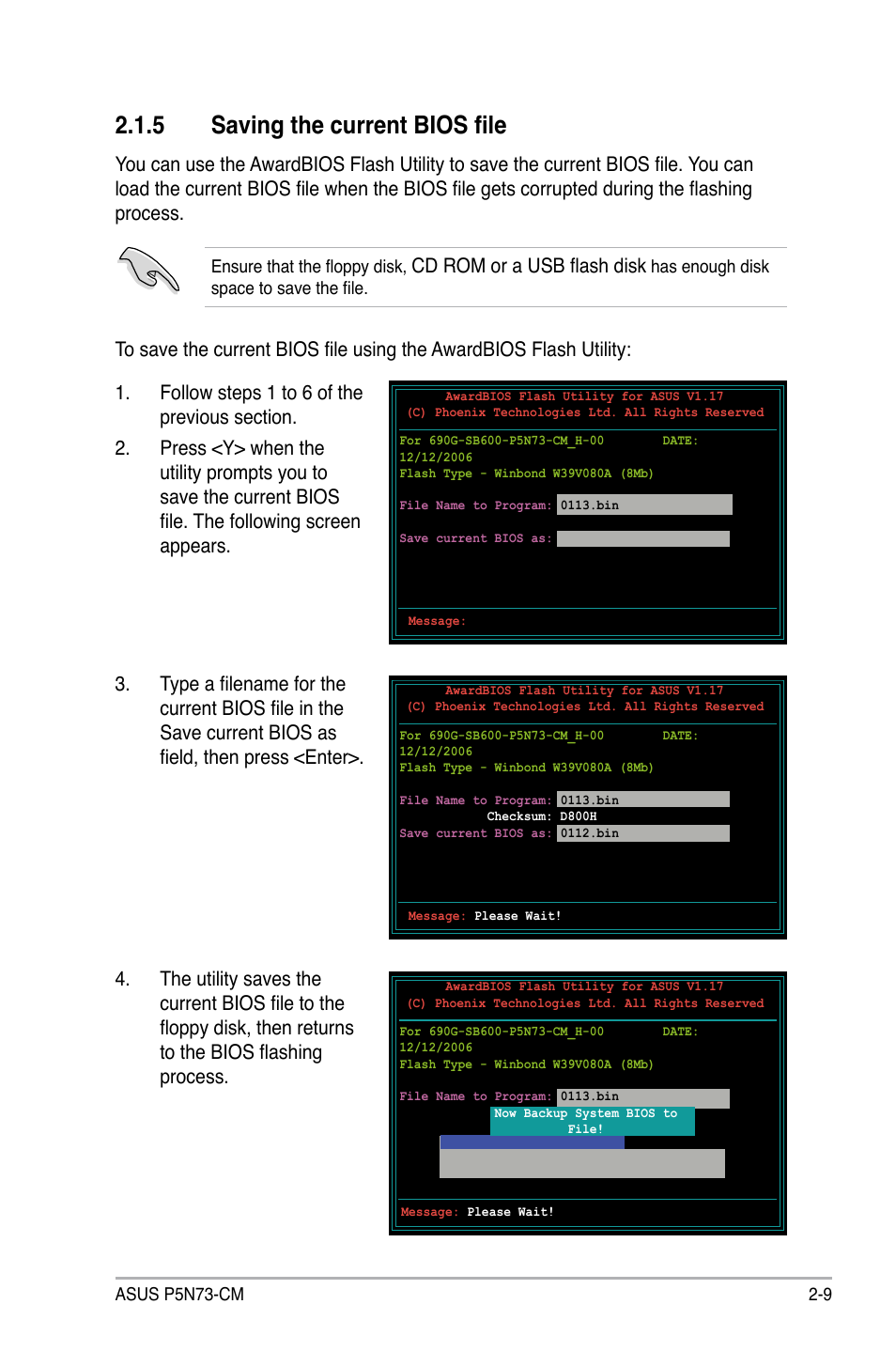 5 saving the current bios file, Cd rom or a usb flash disk | Asus P5N73-CM User Manual | Page 59 / 108