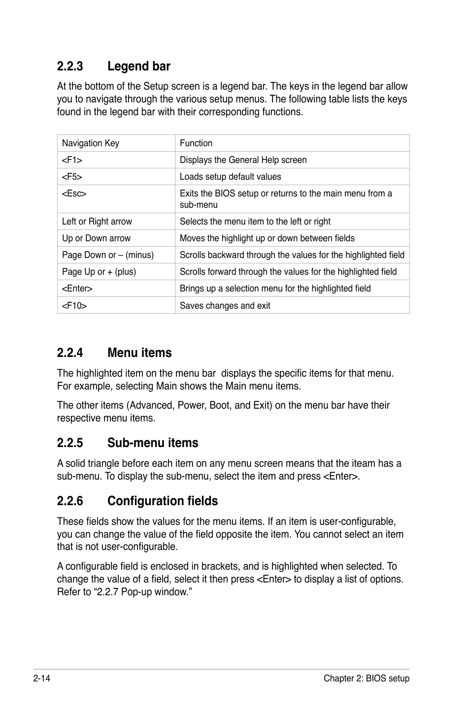 4 menu items, 5 sub-menu items, 6 configuration fields | 3 legend bar | Asus P5N73-CM User Manual | Page 64 / 108