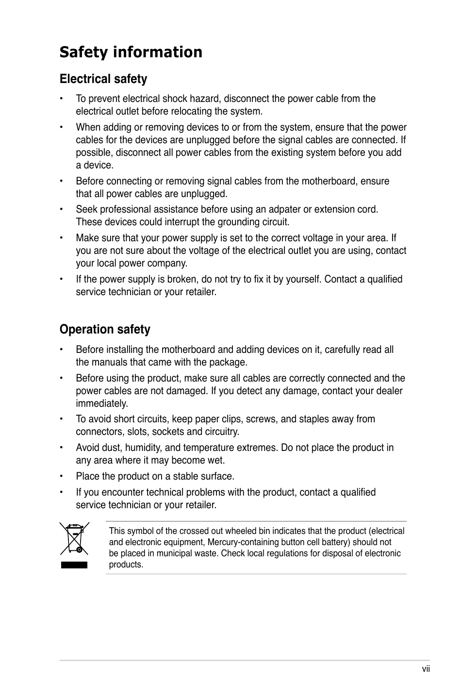 Safety information, Electrical safety, Operation safety | Asus P5N73-CM User Manual | Page 7 / 108