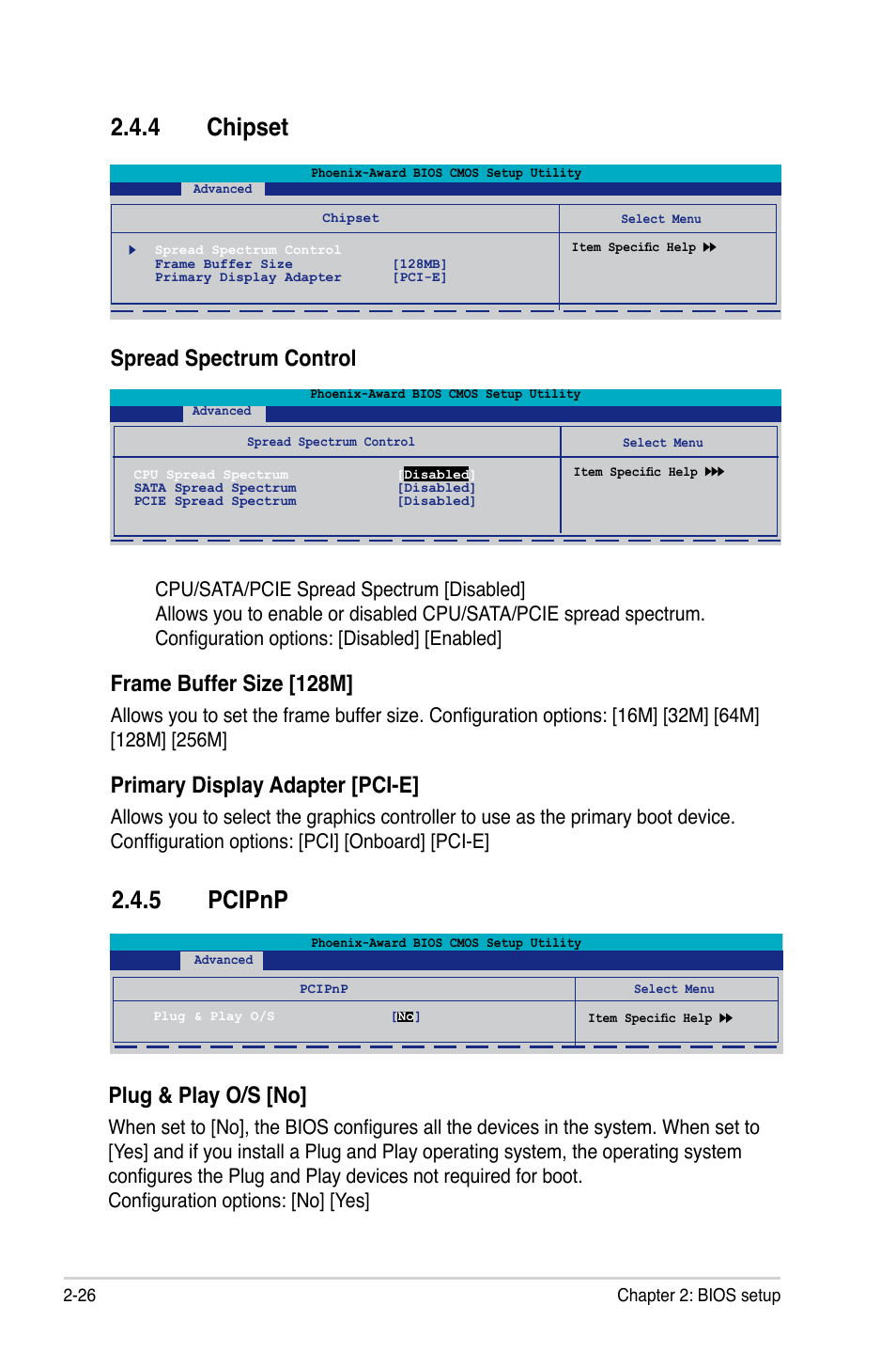 4 chipset, 5 pcipnp, Frame buffer size [128m | Primary display adapter [pci-e, Spread spectrum control, Plug & play o/s [no | Asus P5N73-CM User Manual | Page 76 / 108