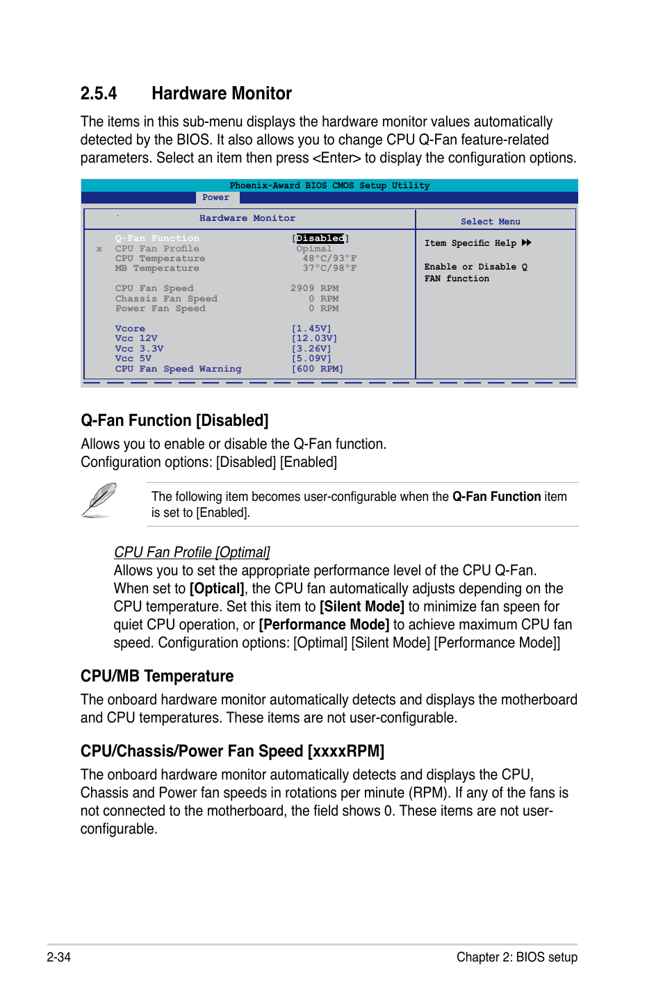 4 hardware monitor, Cpu/mb temperature, Q-fan function [disabled | Asus P5N73-CM User Manual | Page 84 / 108