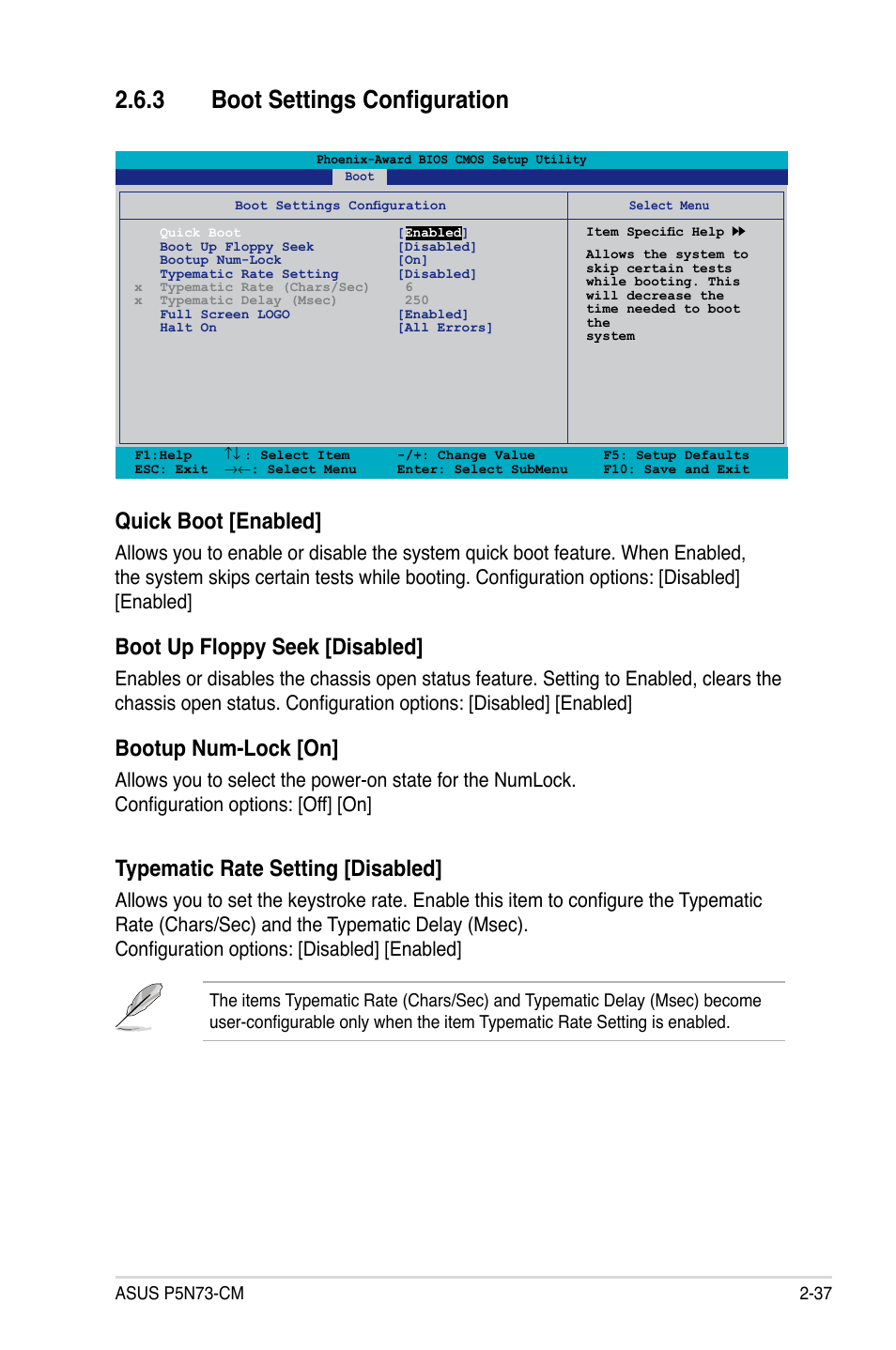 3 boot settings configuration, Quick boot [enabled, Boot up floppy seek [disabled | Bootup num-lock [on, Typematic rate setting [disabled | Asus P5N73-CM User Manual | Page 87 / 108