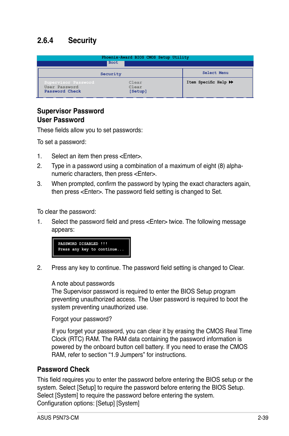 4 security, Password check, Supervisor password user password | Asus P5N73-CM User Manual | Page 89 / 108