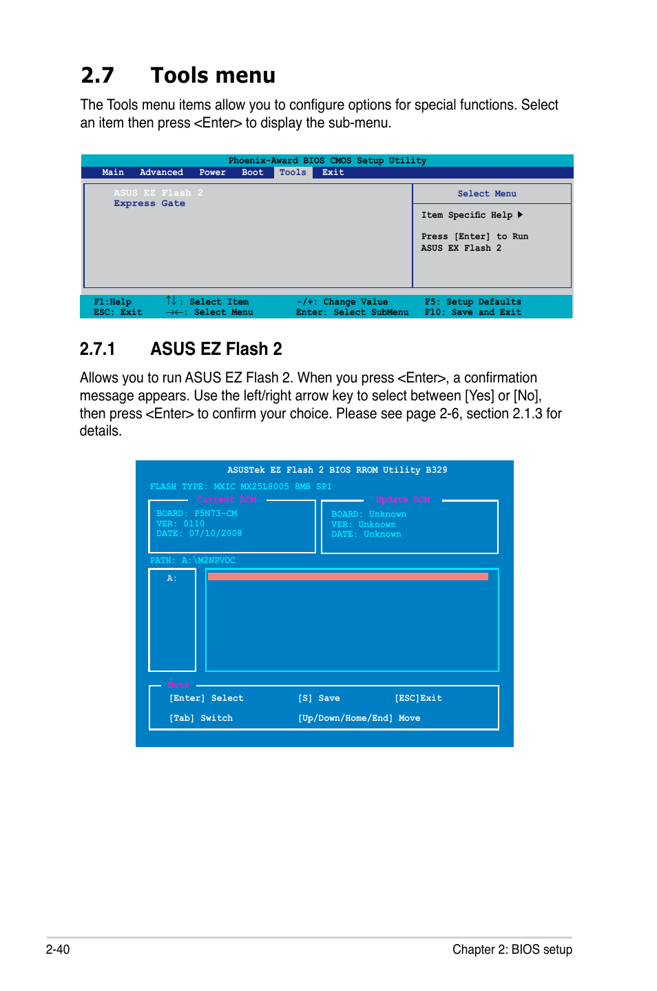 7 tools menu, 1 asus ez flash 2 | Asus P5N73-CM User Manual | Page 90 / 108