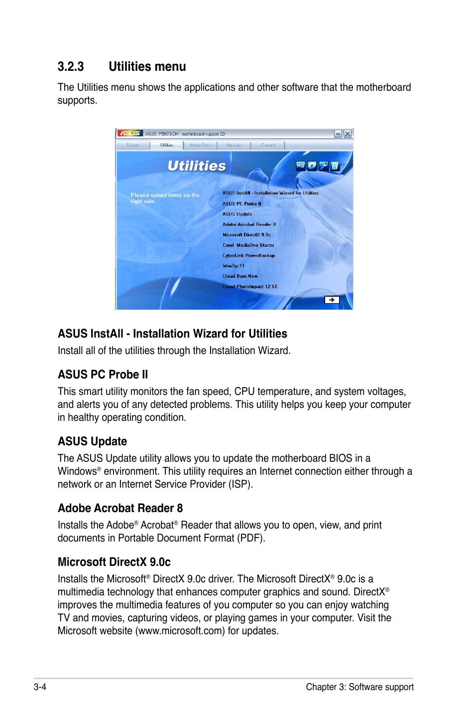 3 utilities menu, Asus install - installation wizard for utilities, Asus pc probe ii | Asus update, Adobe acrobat reader 8, Microsoft directx 9.0c | Asus P5N73-CM User Manual | Page 96 / 108