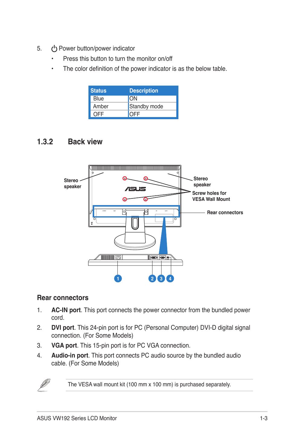 2 back view, Rear connectors | Asus VW192DR User Manual | Page 11 / 26