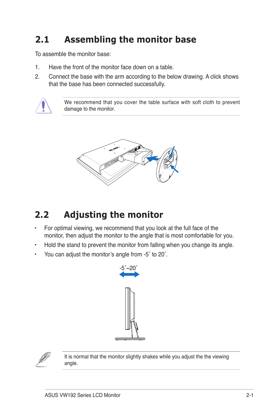 1 assembling the monitor base, 2 adjusting the monitor | Asus VW192DR User Manual | Page 13 / 26