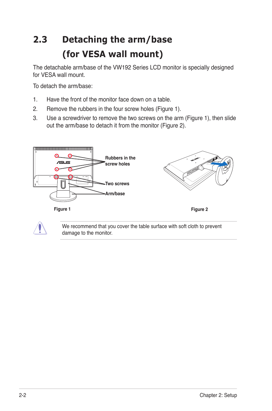 3 detaching the arm/base (for vesa wall mount) | Asus VW192DR User Manual | Page 14 / 26