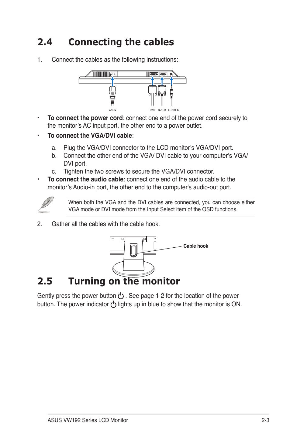 4 connecting the cables, 5 turning on the monitor | Asus VW192DR User Manual | Page 15 / 26