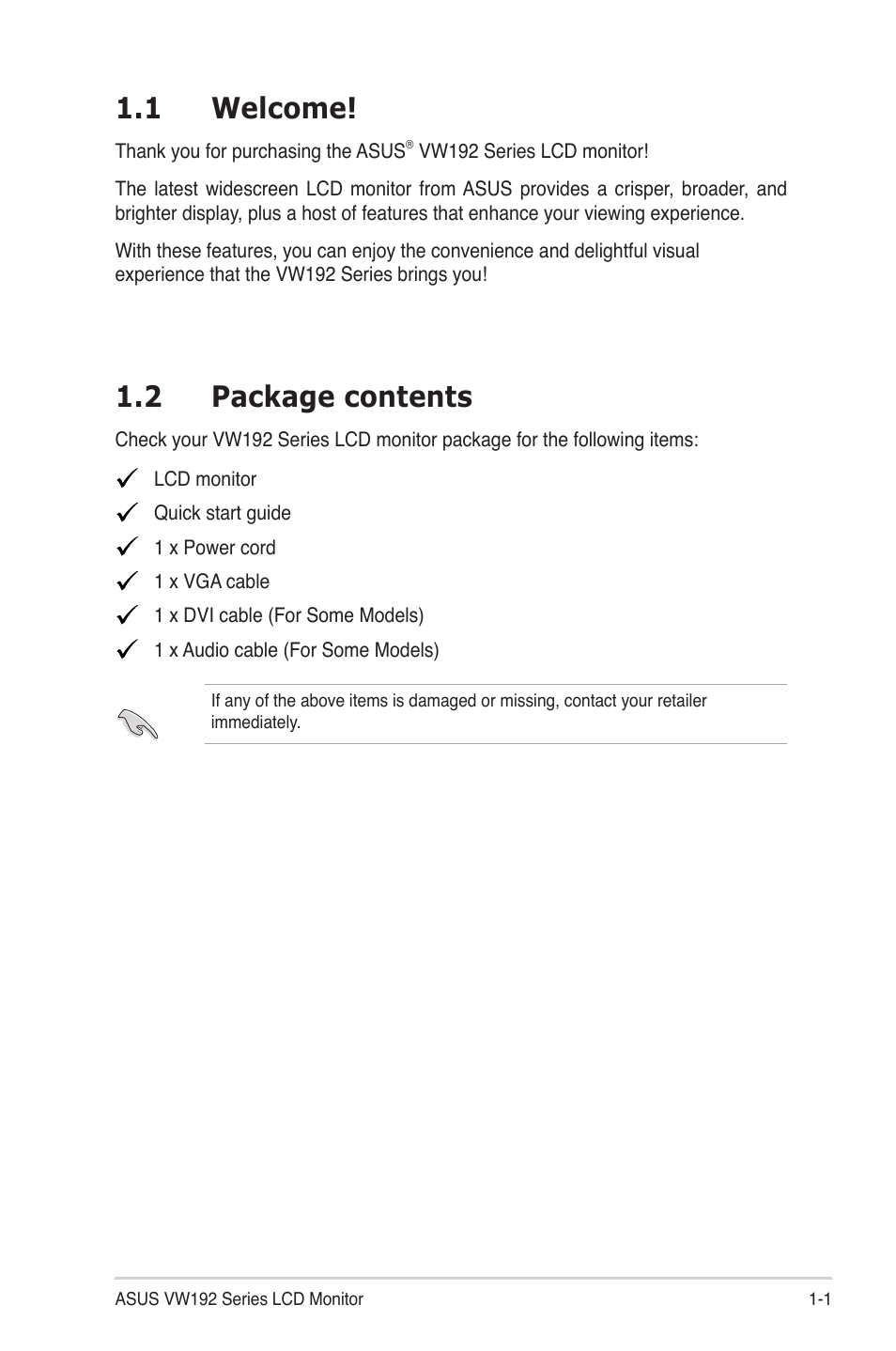 1 welcome, 2 package contents | Asus VW192DR User Manual | Page 9 / 26