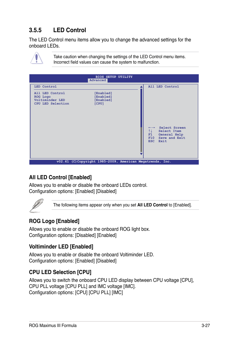 5 led control, All led control [enabled, Rog logo [enabled | Voltiminder led [enabled, Cpu led selection [cpu | Asus Maximus III Formula User Manual | Page 101 / 172