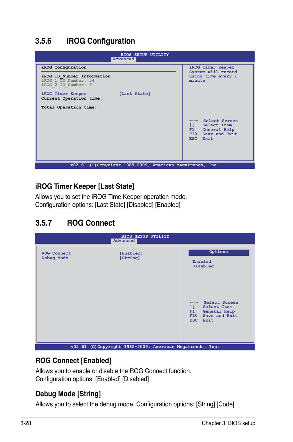 6 irog configuration, 7 rog connect, Irog timer keeper [last state | Rog connect [enabled, Debug mode [string | Asus Maximus III Formula User Manual | Page 102 / 172