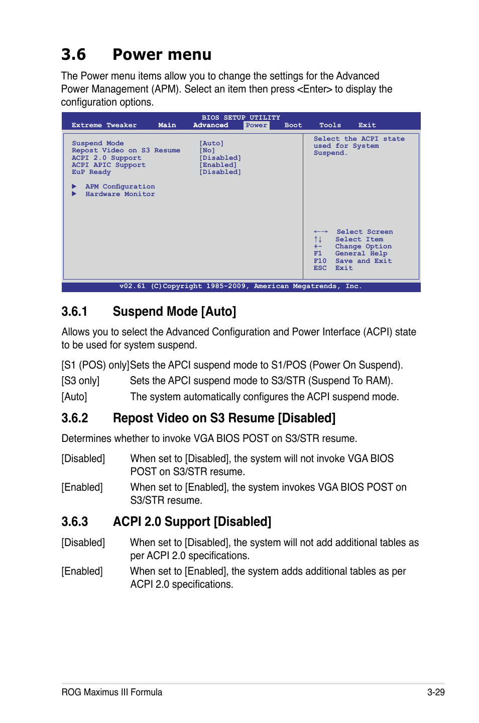 6 power menu, 1 suspend mode [auto, 2 repost video on s3 resume [disabled | 3 acpi 2.0 support [disabled | Asus Maximus III Formula User Manual | Page 103 / 172