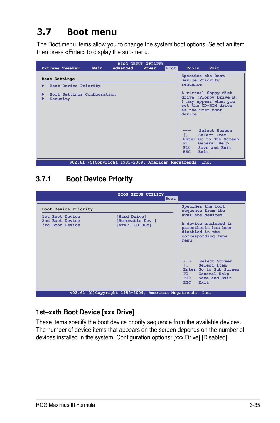 7 boot menu, 1 boot device priority, 1st–xxth boot device [xxx drive | Rog maximus iii formula 3-35 | Asus Maximus III Formula User Manual | Page 109 / 172