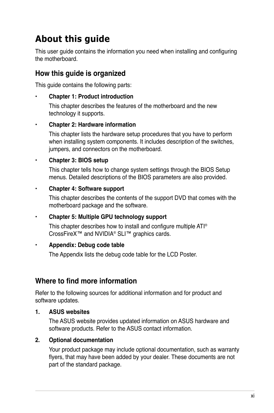 About this guide, Where to find more information, How this guide is organized | Asus Maximus III Formula User Manual | Page 11 / 172