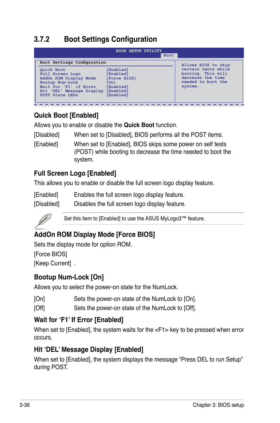 2 boot settings configuration, Quick boot [enabled, Full screen logo [enabled | Addon rom display mode [force bios, Bootup num-lock [on, Wait for ‘f1’ if error [enabled, Hit ‘del’ message display [enabled | Asus Maximus III Formula User Manual | Page 110 / 172