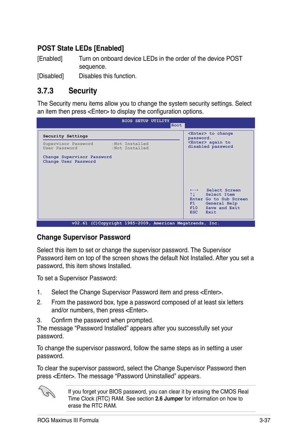 3 security, Post state leds [enabled, Change supervisor password | Asus Maximus III Formula User Manual | Page 111 / 172