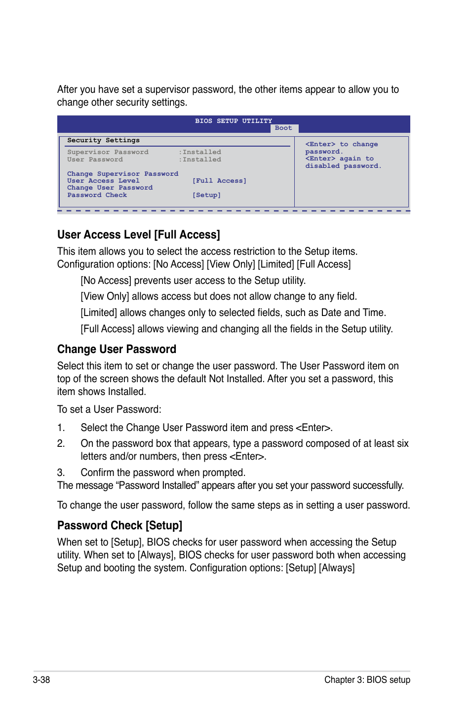 User access level [full access, Change user password, Password check [setup | Asus Maximus III Formula User Manual | Page 112 / 172