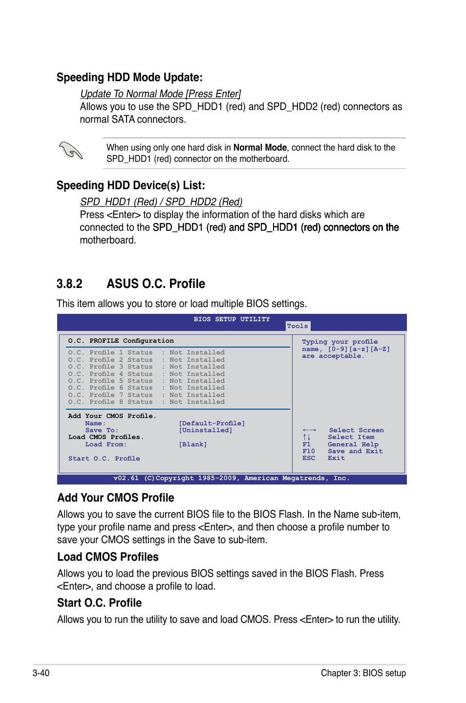 2 asus o.c. profile, Add your cmos profile, Load cmos profiles | Start o.c. profile, Speeding hdd mode update, Speeding hdd device(s) list | Asus Maximus III Formula User Manual | Page 114 / 172