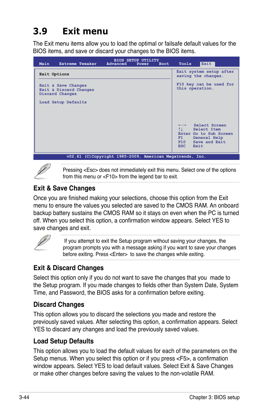 9 exit menu, Exit & save changes, Exit & discard changes | Discard changes, Load setup defaults | Asus Maximus III Formula User Manual | Page 118 / 172