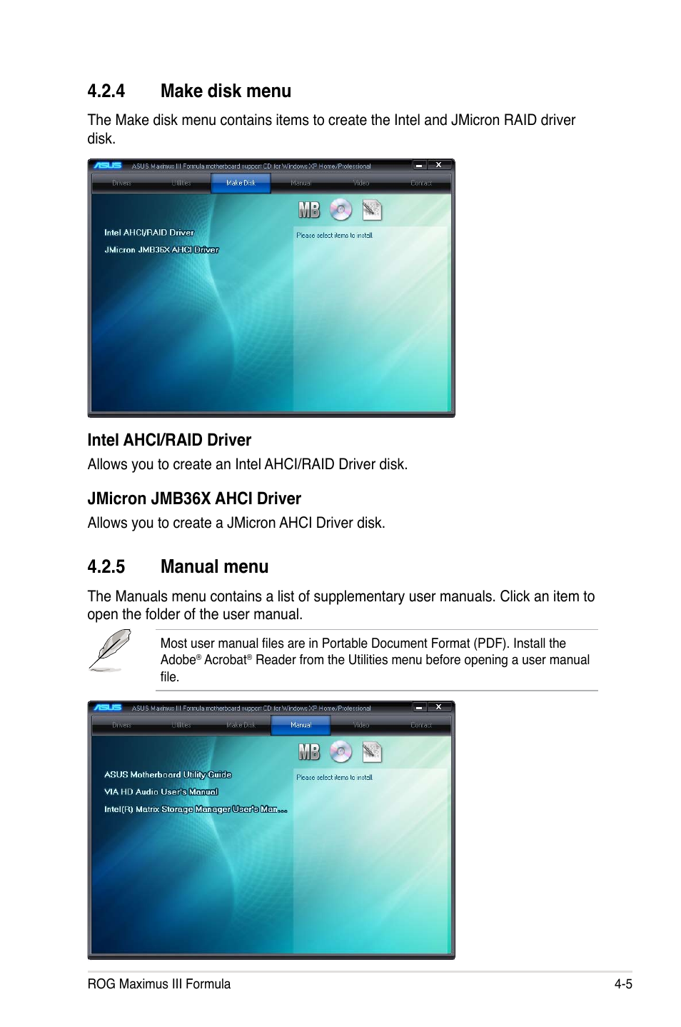 4 make disk menu, 5 manual menu | Asus Maximus III Formula User Manual | Page 125 / 172