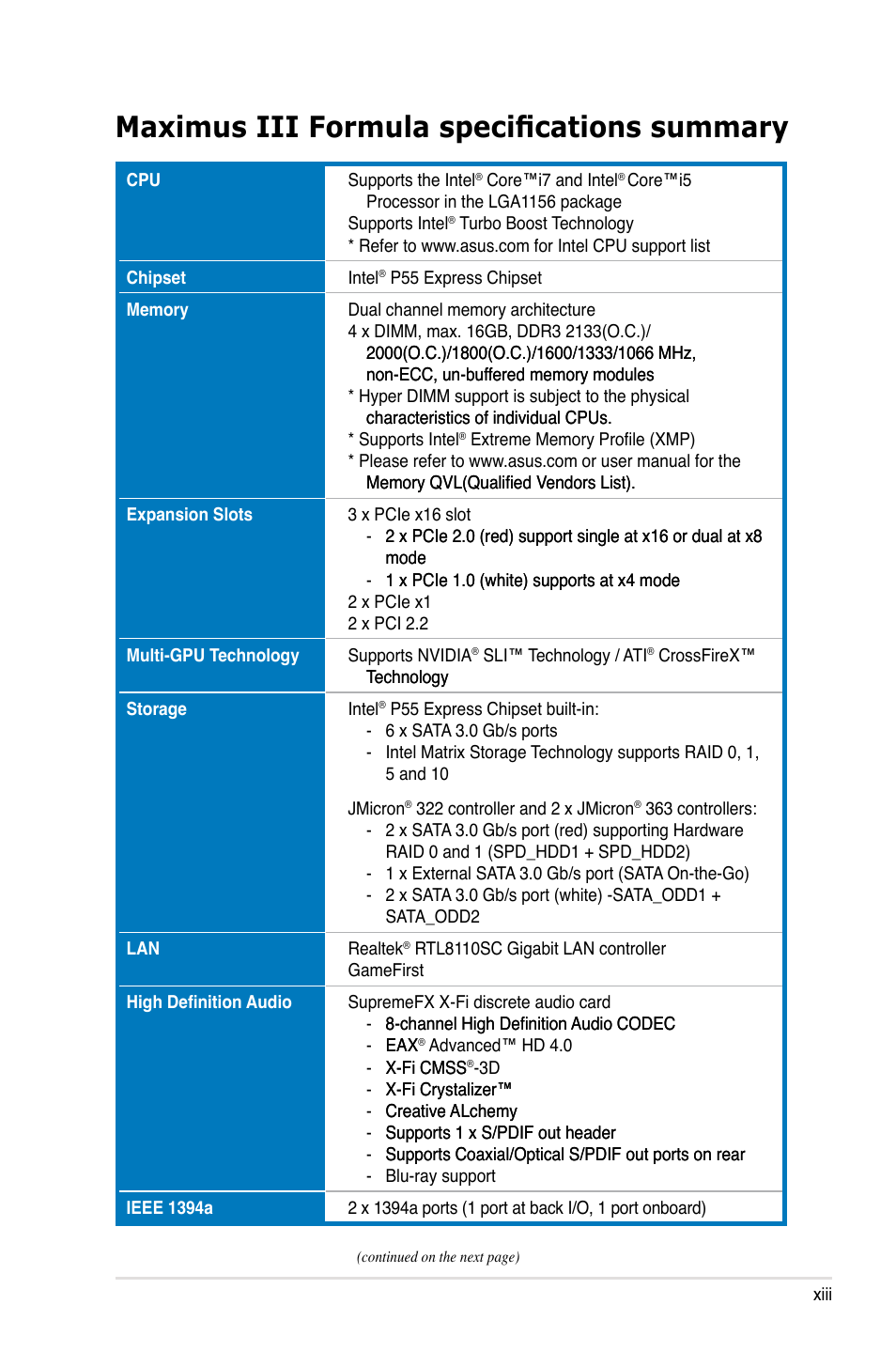 Maximus iii formula specifications summary | Asus Maximus III Formula User Manual | Page 13 / 172