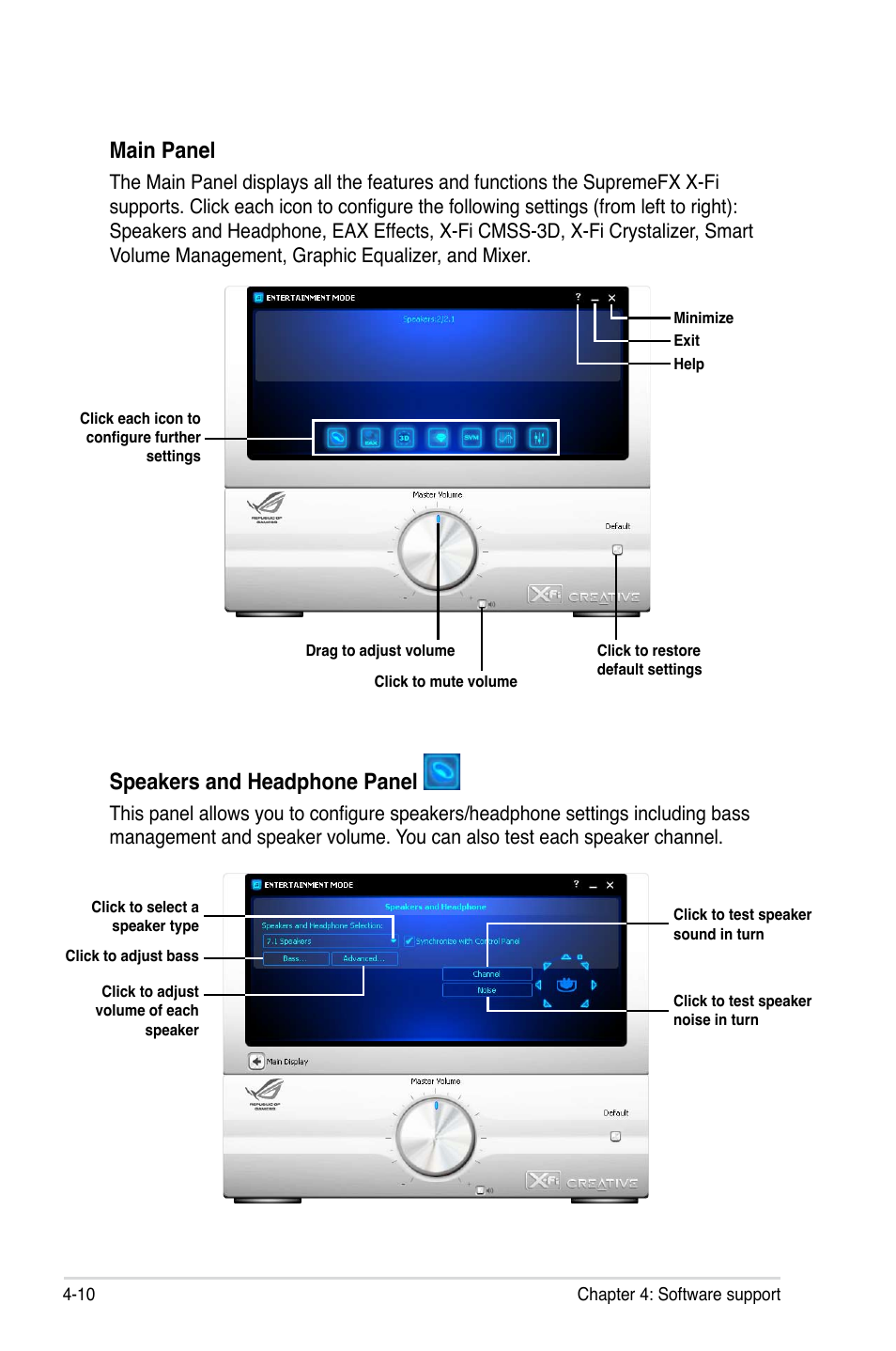 Main panel, Speakers and headphone panel | Asus Maximus III Formula User Manual | Page 130 / 172