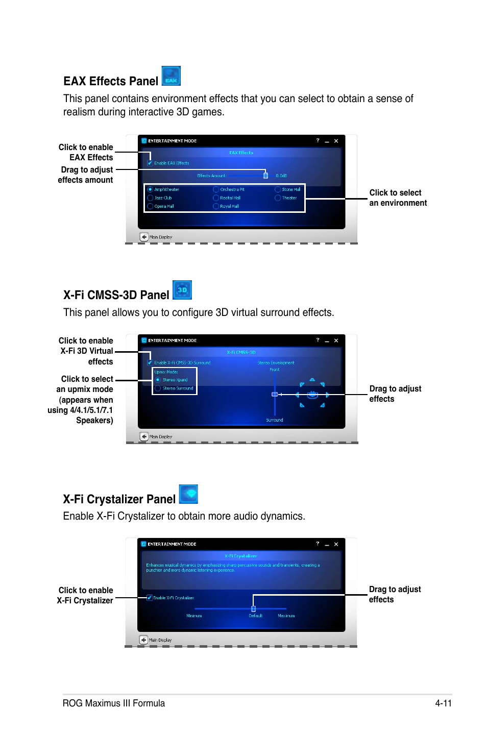 Eax effects panel, X-fi cmss-3d panel, X-fi crystalizer panel | Asus Maximus III Formula User Manual | Page 131 / 172