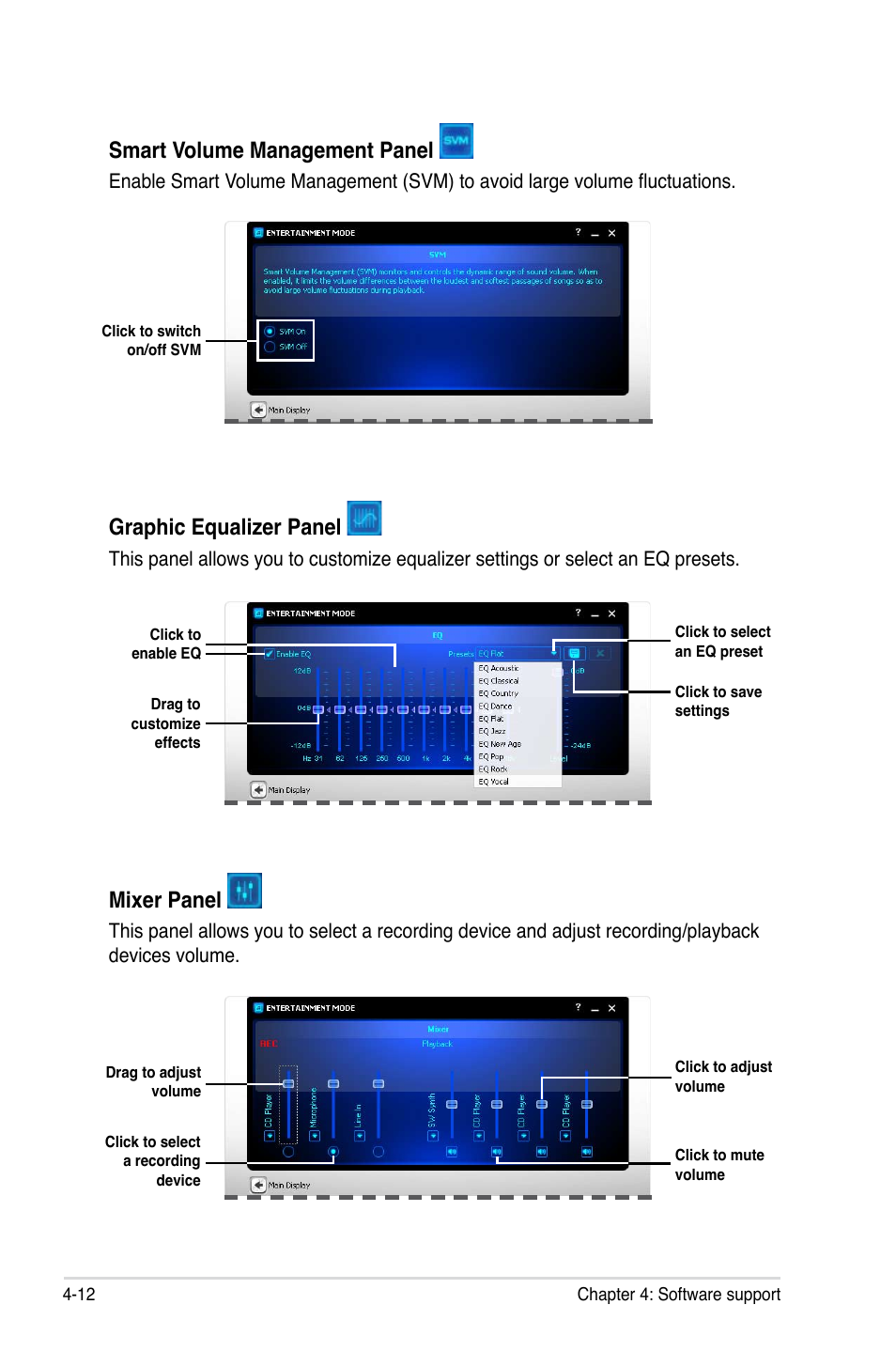 Smart volume management panel, Graphic equalizer panel, Mixer panel | Asus Maximus III Formula User Manual | Page 132 / 172