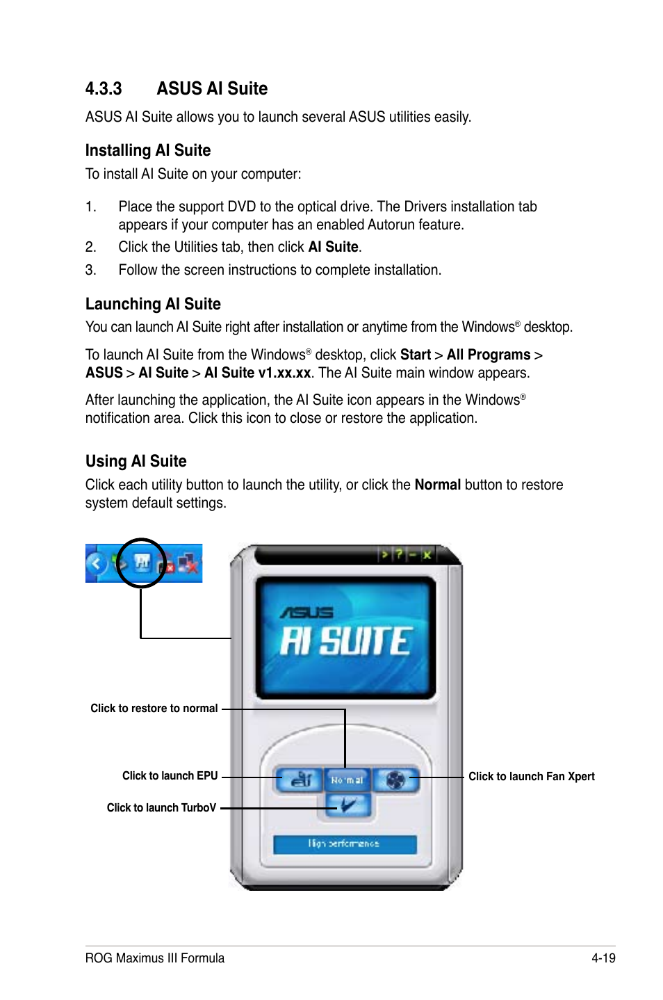 3 asus ai suite, Installing ai suite, Launching ai suite | Using ai suite | Asus Maximus III Formula User Manual | Page 139 / 172