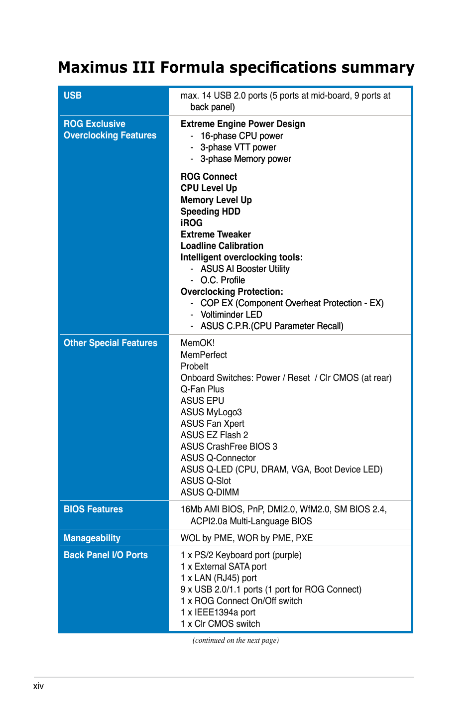 Maximus iii formula specifications summary | Asus Maximus III Formula User Manual | Page 14 / 172