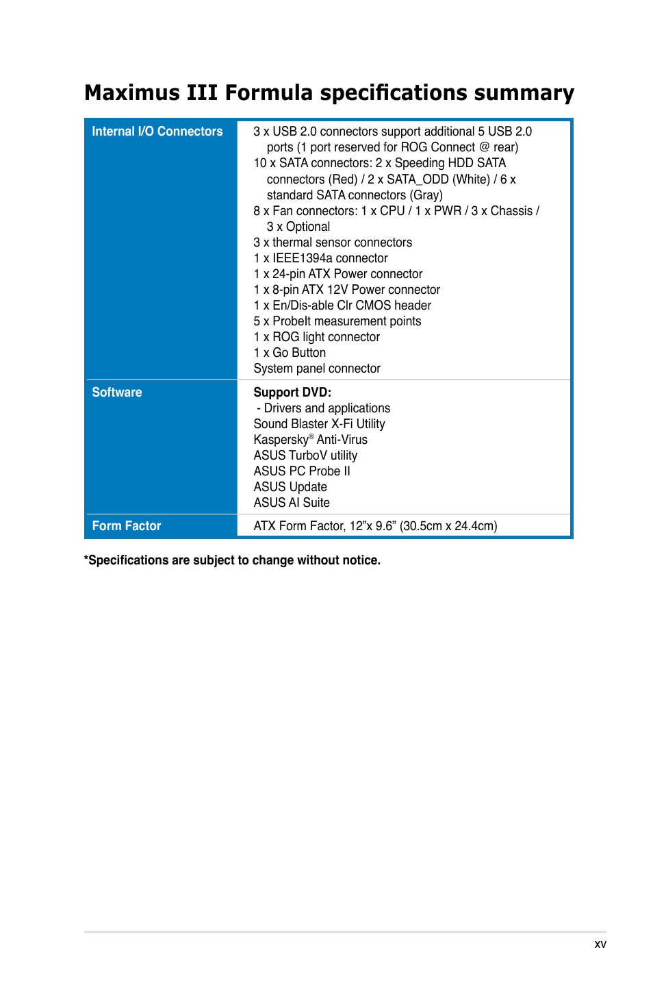 Maximus iii formula specifications summary | Asus Maximus III Formula User Manual | Page 15 / 172