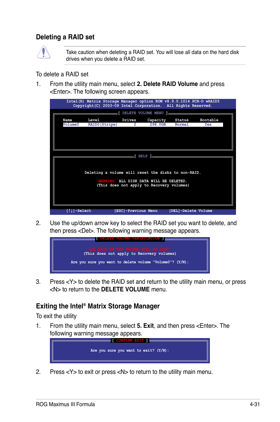 Deleting a raid set, Exiting the intel, Matrix storage manager | Asus Maximus III Formula User Manual | Page 151 / 172