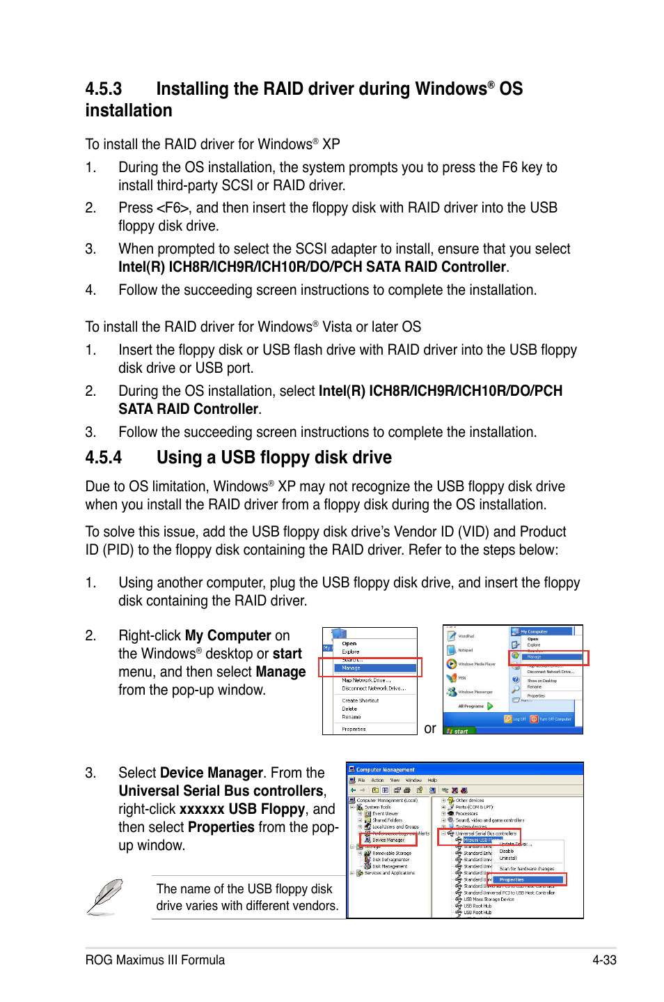 3 installing the raid driver during windows, Os installation, 4 using a usb floppy disk drive | Asus Maximus III Formula User Manual | Page 153 / 172