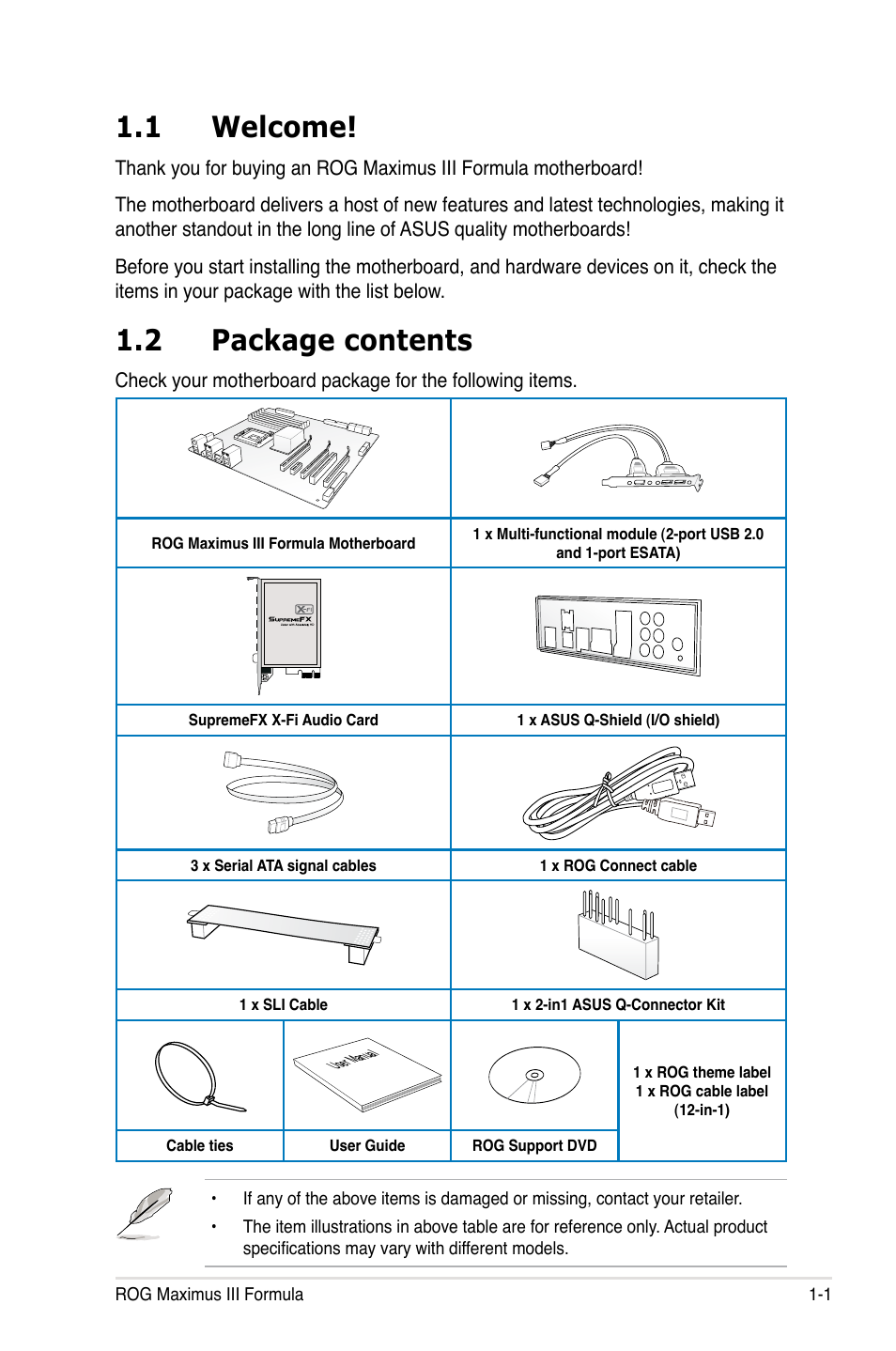 1 welcome, 2 package contents | Asus Maximus III Formula User Manual | Page 19 / 172