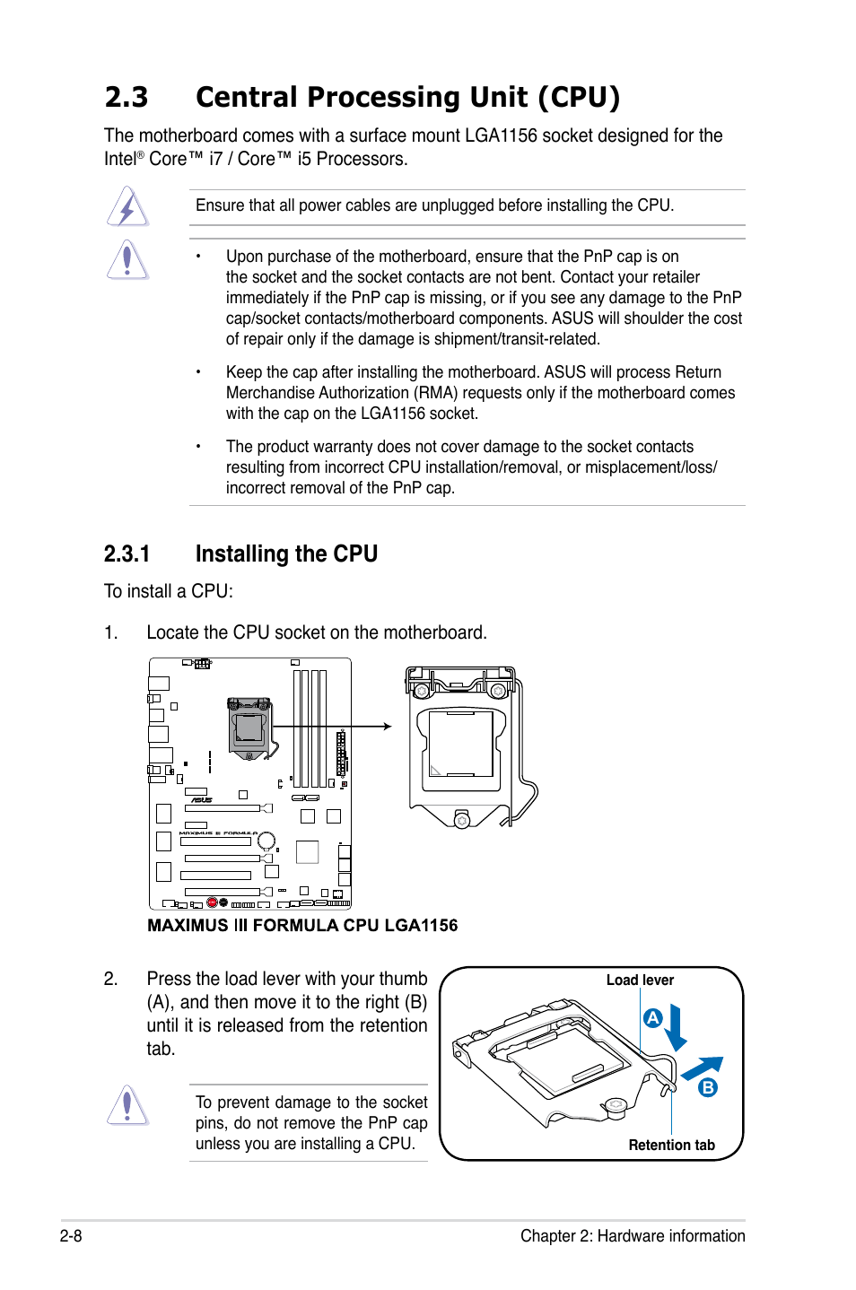 3 central processing unit (cpu), 1 installing the cpu | Asus Maximus III Formula User Manual | Page 36 / 172