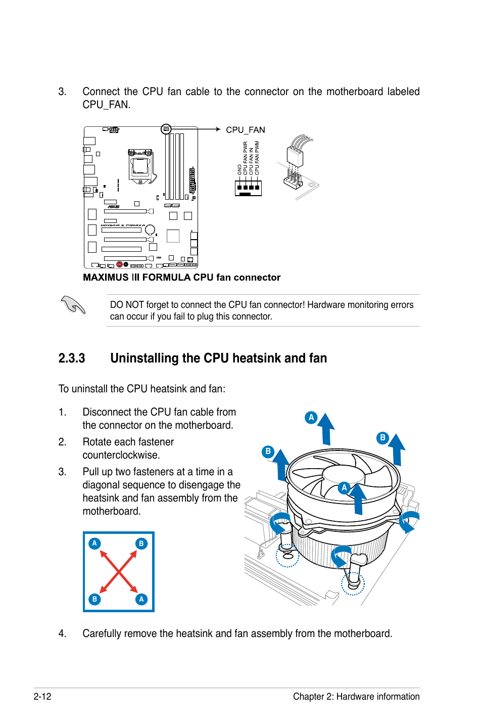 3 uninstalling the cpu heatsink and fan | Asus Maximus III Formula User Manual | Page 40 / 172