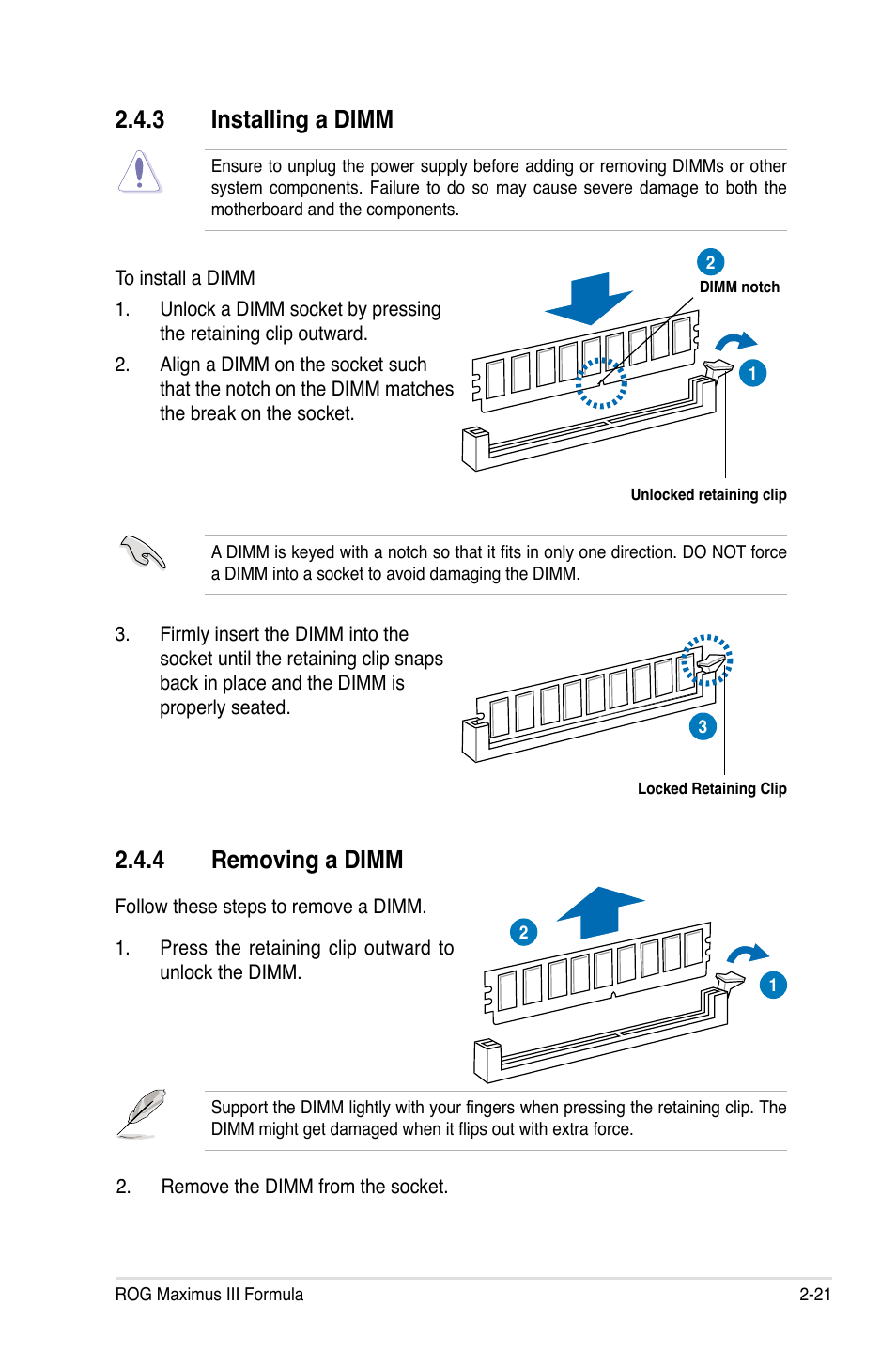 4 removing a dimm, 3 installing a dimm | Asus Maximus III Formula User Manual | Page 49 / 172