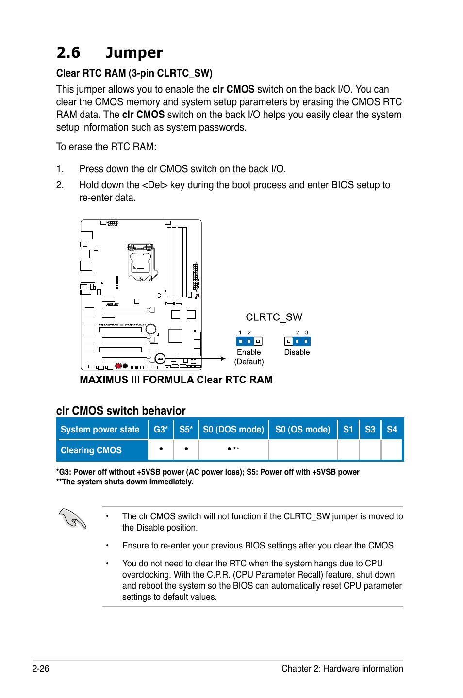 6 jumper, Clr cmos switch behavior | Asus Maximus III Formula User Manual | Page 54 / 172