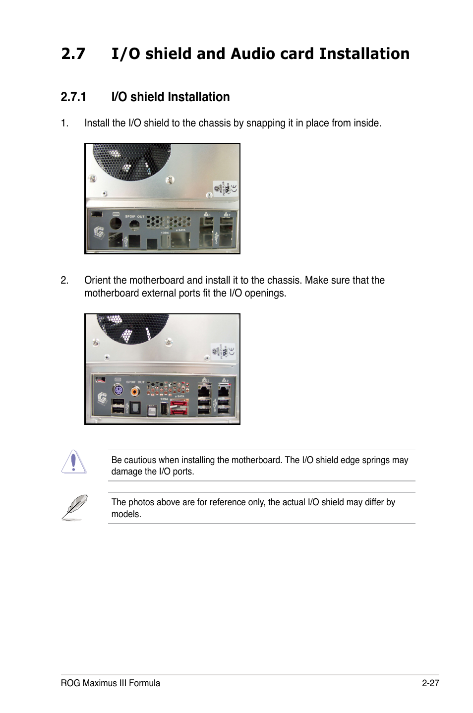 7 i/o shield and audio card installation, 1 i/o shield installation | Asus Maximus III Formula User Manual | Page 55 / 172