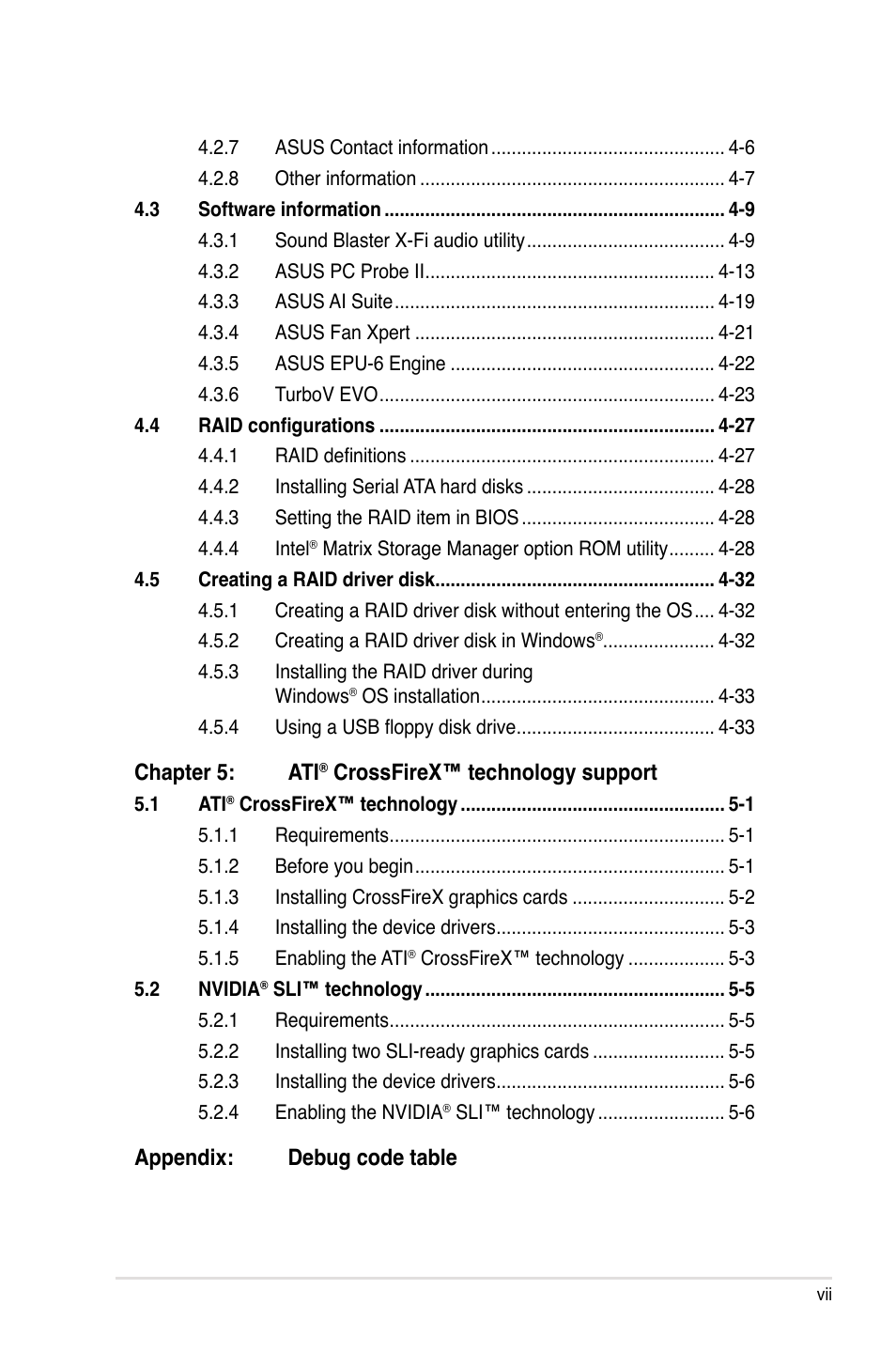 Chapter 5: ati, Crossfirex™ technology support, Appendix: debug code table | Asus Maximus III Formula User Manual | Page 7 / 172