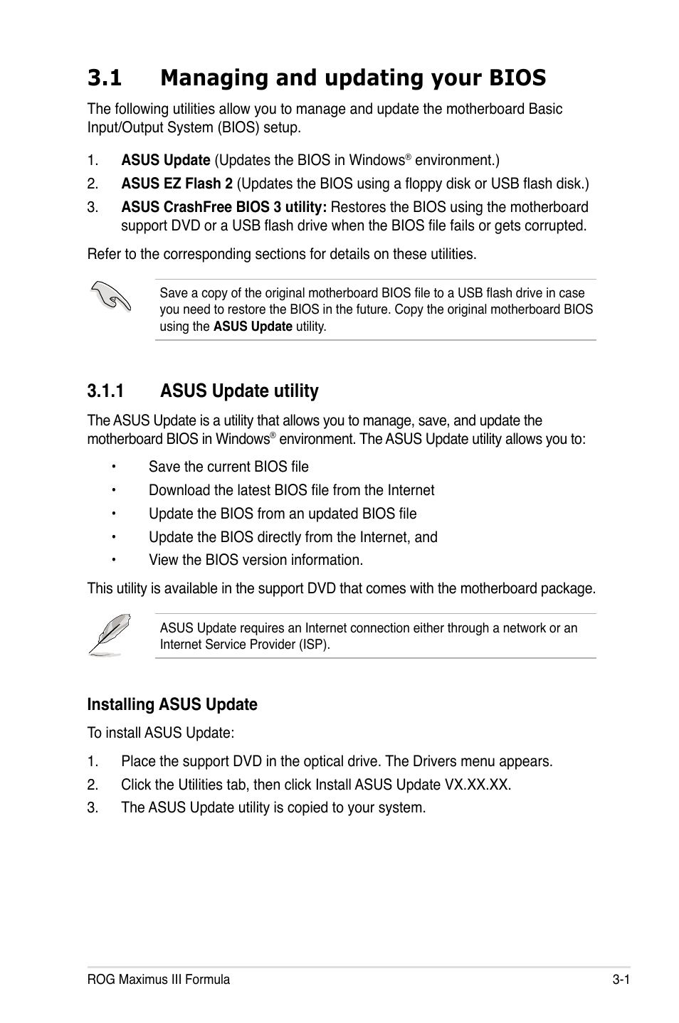 1 managing and updating your bios, 1 asus update utility | Asus Maximus III Formula User Manual | Page 75 / 172