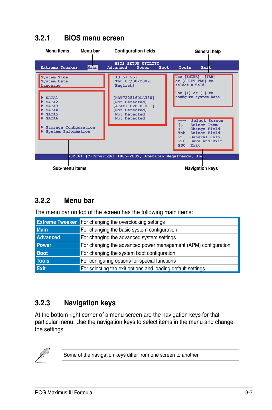 3 navigation keys, 1 bios menu screen, 2 menu bar | Asus Maximus III Formula User Manual | Page 81 / 172