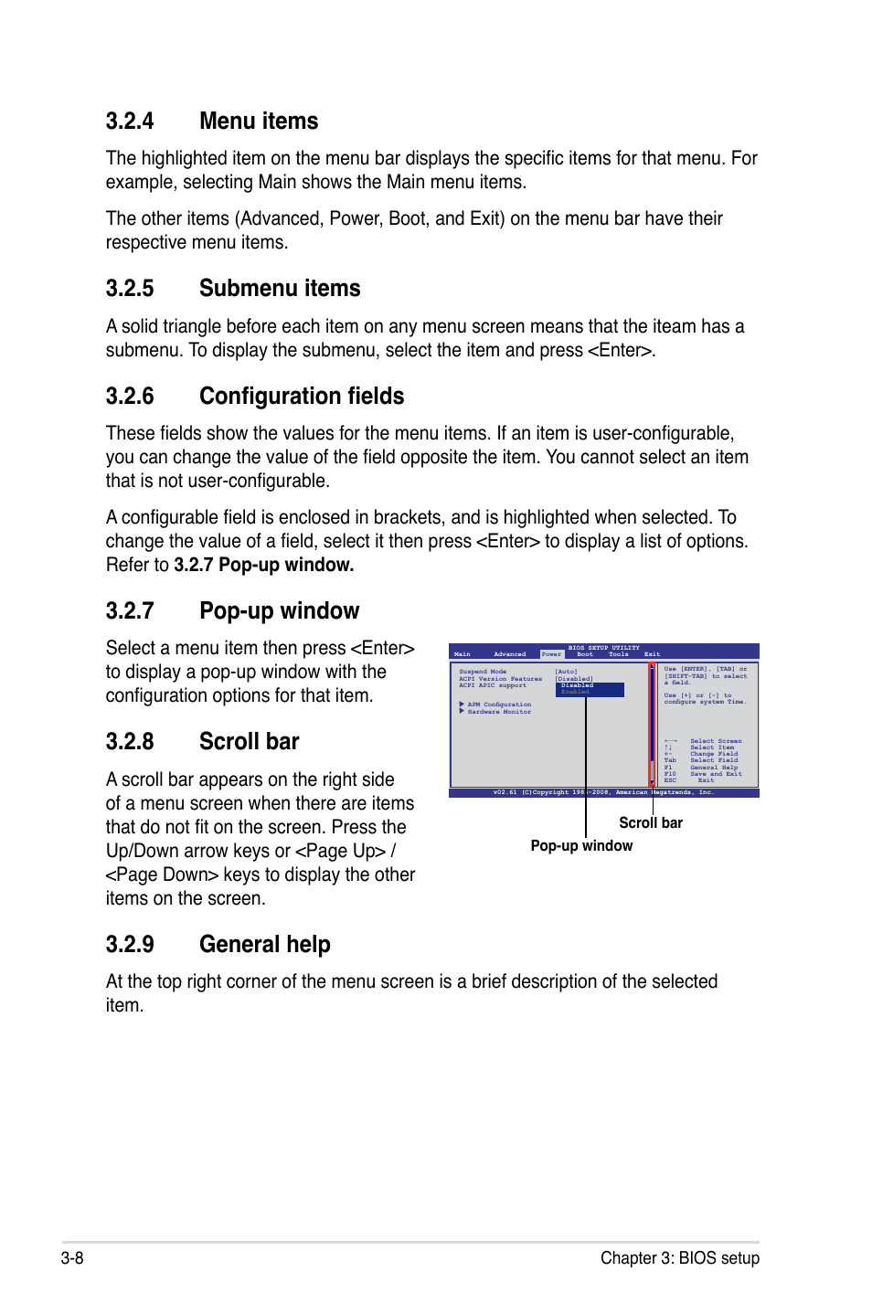 4 menu items, 5 submenu items, 6 configuration fields | 7 pop-up window, 8 scroll bar, 9 general help, 8 chapter 3: bios setup | Asus Maximus III Formula User Manual | Page 82 / 172