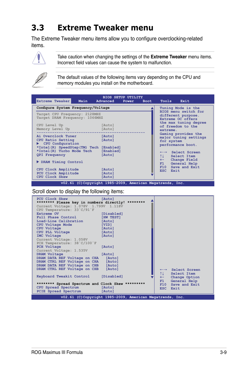 3 extreme tweaker menu, Scroll down to display the following items, Rog maximus iii formula 3-9 | Asus Maximus III Formula User Manual | Page 83 / 172