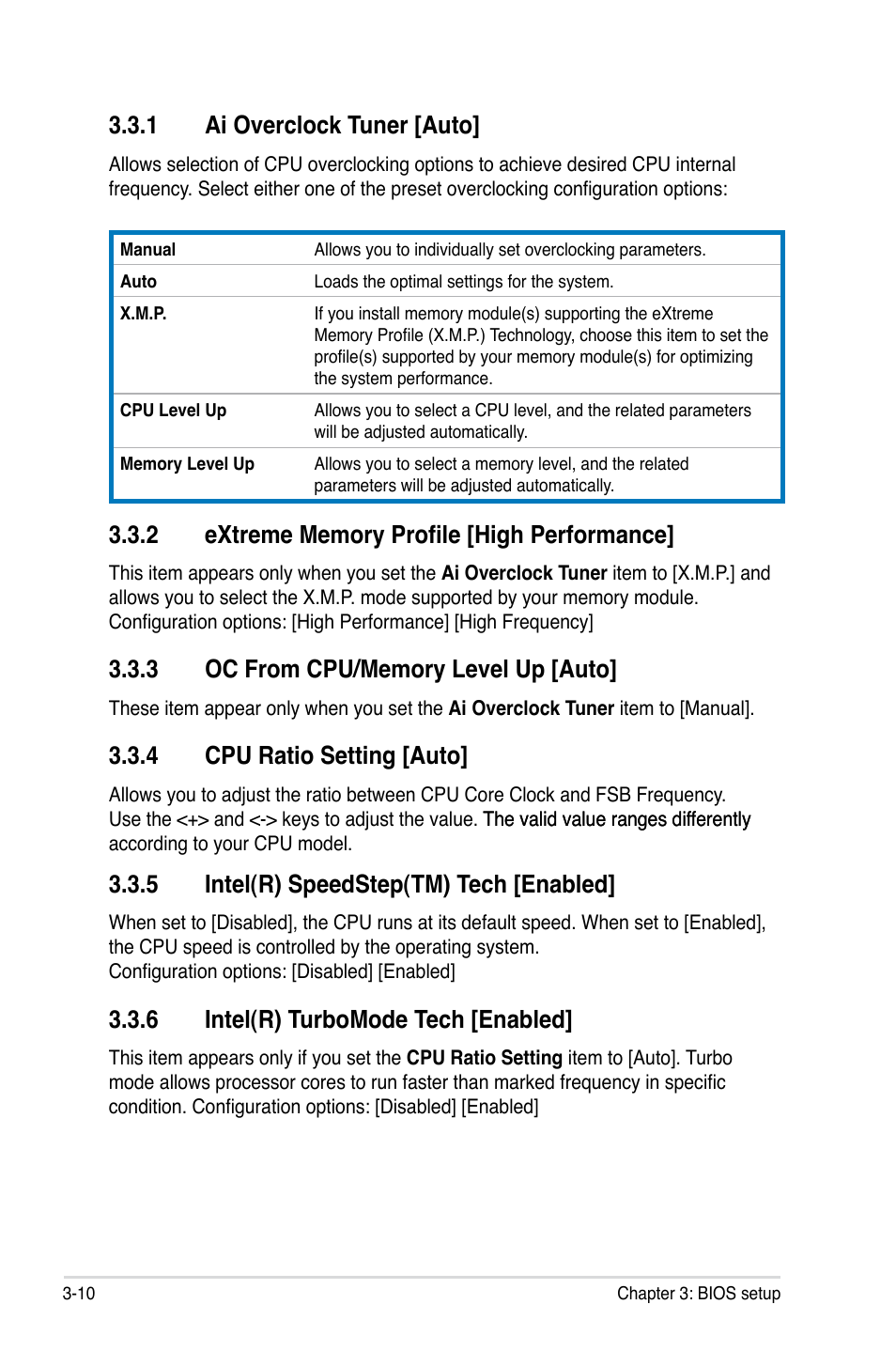 1 ai overclock tuner [auto, 4 cpu ratio setting [auto, 5 intel(r) speedstep(tm) tech [enabled | 6 intel(r) turbomode tech [enabled | Asus Maximus III Formula User Manual | Page 84 / 172