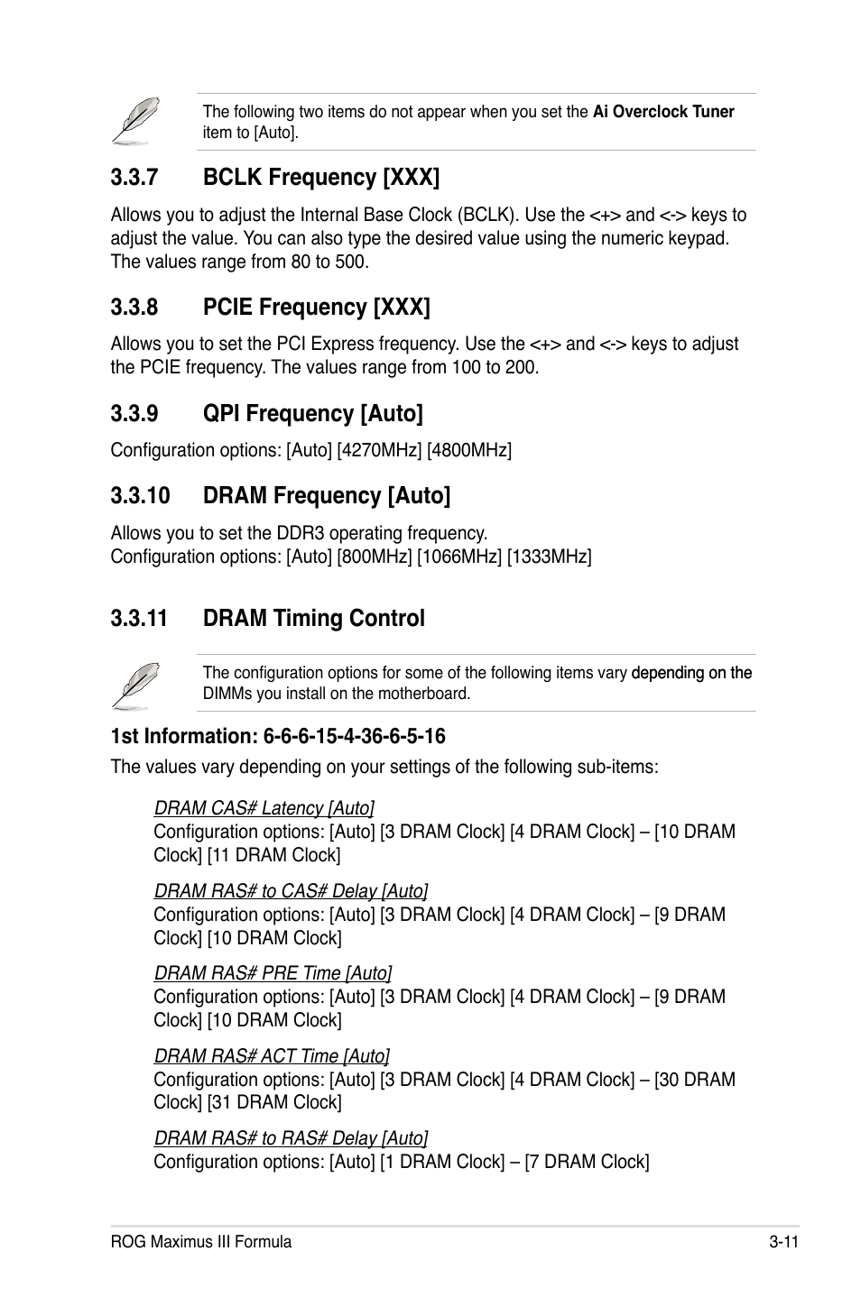 7 bclk frequency [xxx, 8 pcie frequency [xxx, 9 qpi frequency [auto | 10 dram frequency [auto, 11 dram timing control | Asus Maximus III Formula User Manual | Page 85 / 172