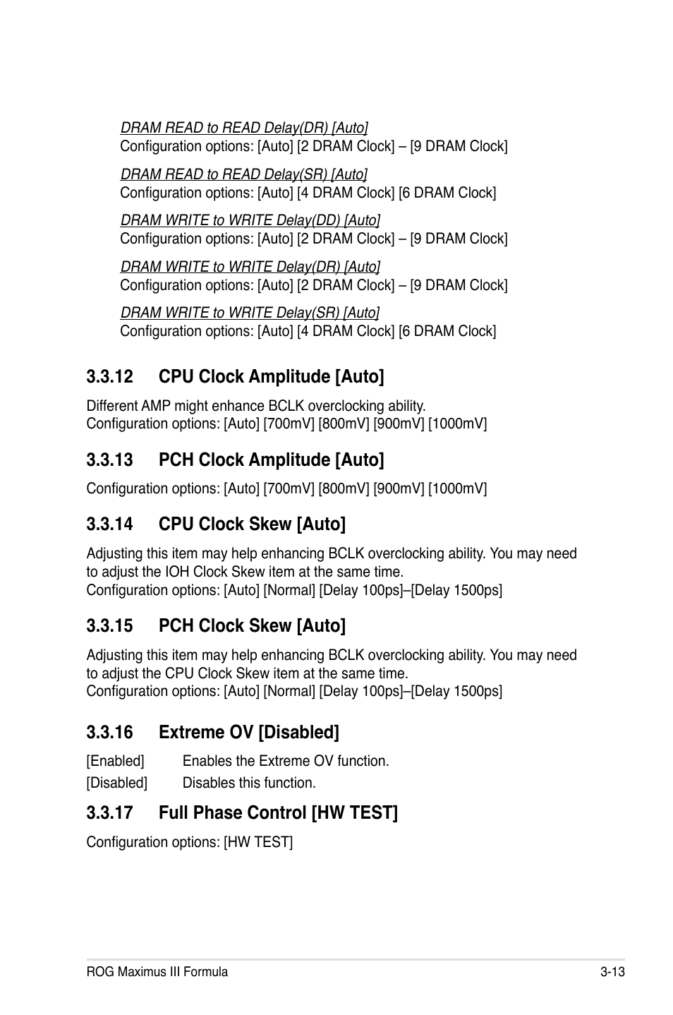 12 cpu clock amplitude [auto, 13 pch clock amplitude [auto, 14 cpu clock skew [auto | 15 pch clock skew [auto, 16 extreme ov [disabled, 17 full phase control [hw test | Asus Maximus III Formula User Manual | Page 87 / 172