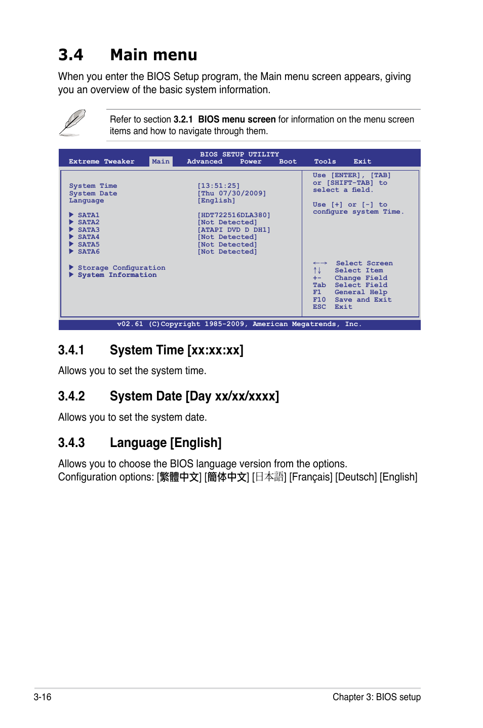 4 main menu, 1 system time [xx:xx:xx, 3 language [english | Allows you to set the system time, Allows you to set the system date | Asus Maximus III Formula User Manual | Page 90 / 172